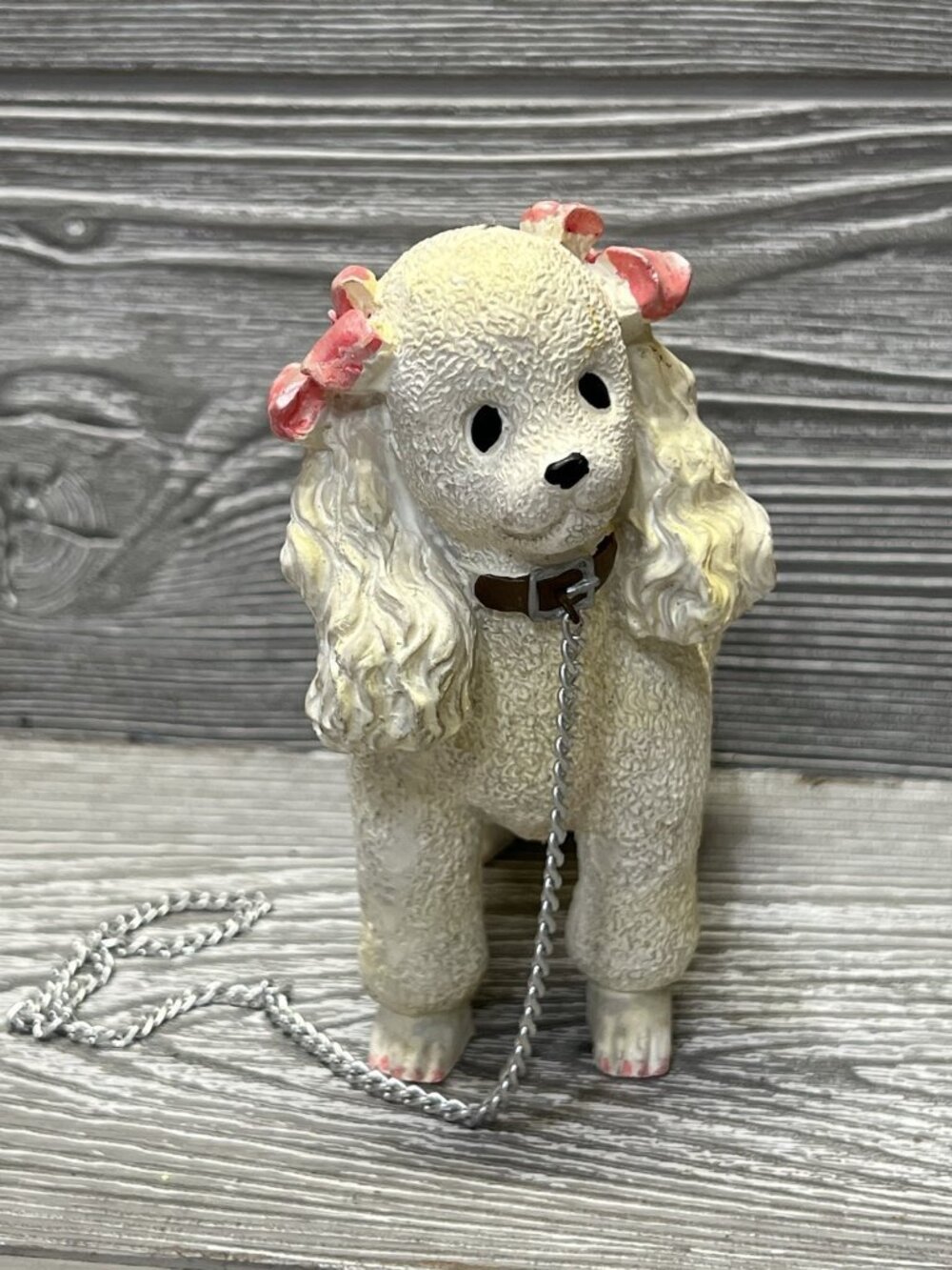 Vintage Retro Textured Poodle Dog Figurine Statue with Chain Pink Bows 5” X 5” - Picture 2 of 6